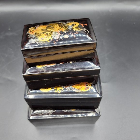 Vintage Black Lacquerware Handpainted Dragon Nesting Boxes Group Of 4 Rare - Picture 7 of 12